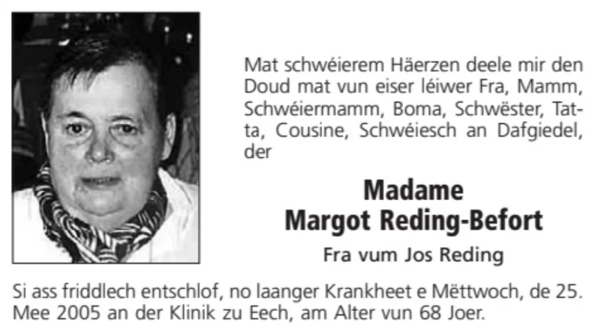 Traueranzeige für Margot Reding-Befort