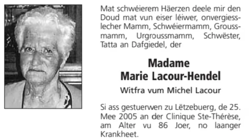 Traueranzeige für Marie Lacour-Hendel