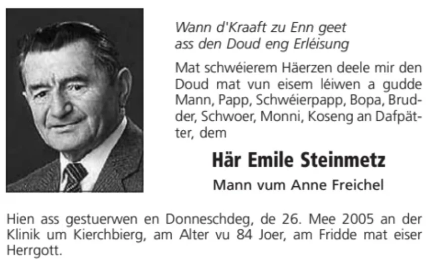 Traueranzeige für Emile Steinmetz