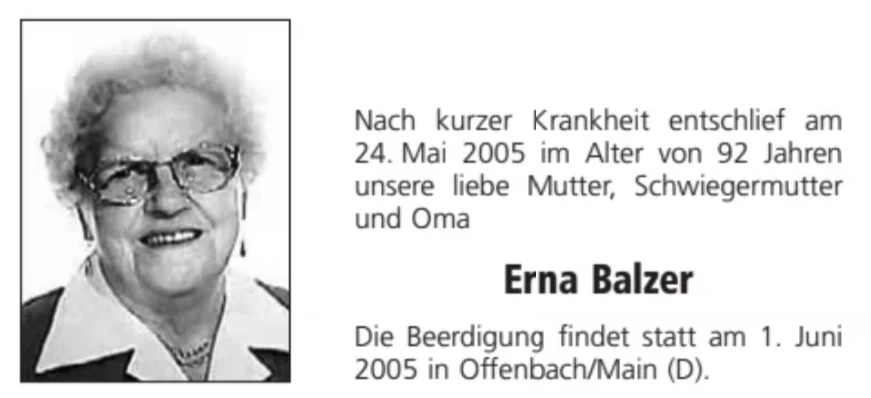 Traueranzeige für Erna Balzer