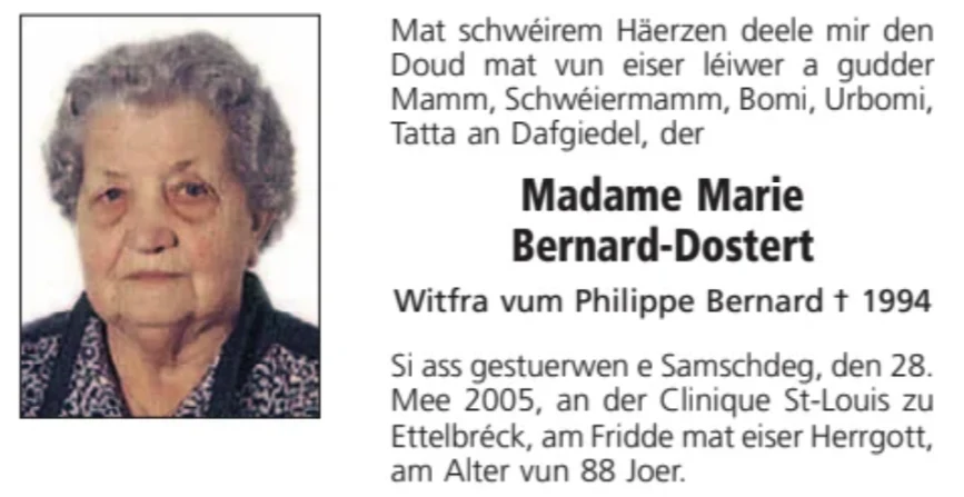 Traueranzeige für Marie Bernard-Dostert