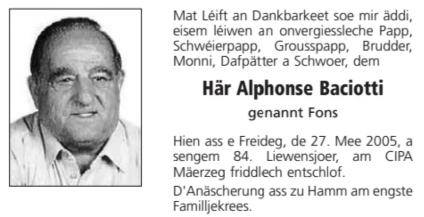 Traueranzeige für Alphonse Baciotti