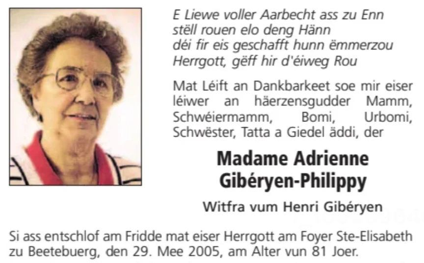 Traueranzeige für Adrienne Gibéryen-Philippy