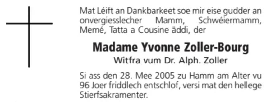 Traueranzeige für Yvonne Zoller-Bourg