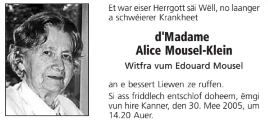 Traueranzeige für Alice Mousel-Klein