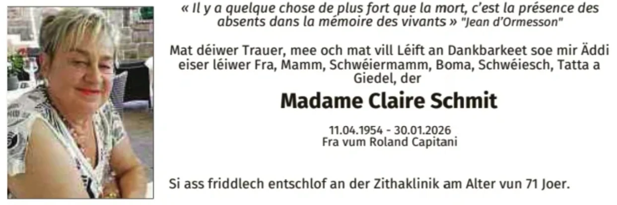 Traueranzeige für Claire Schmit