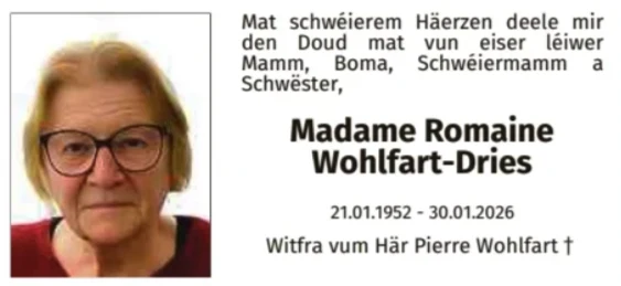 Traueranzeige für Romaine Wohlfart-Dries