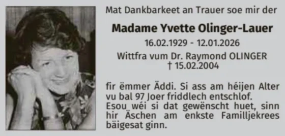 Traueranzeige für Yvette Olinger-Lauer