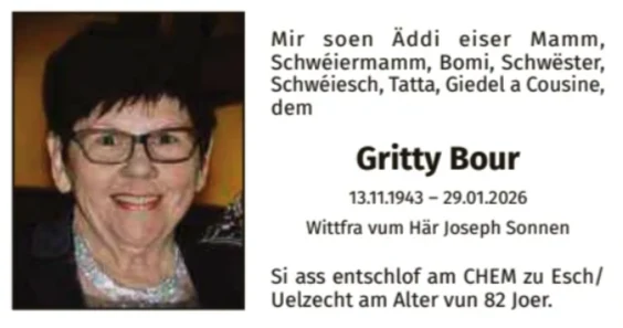 Traueranzeige für Gritty Bour