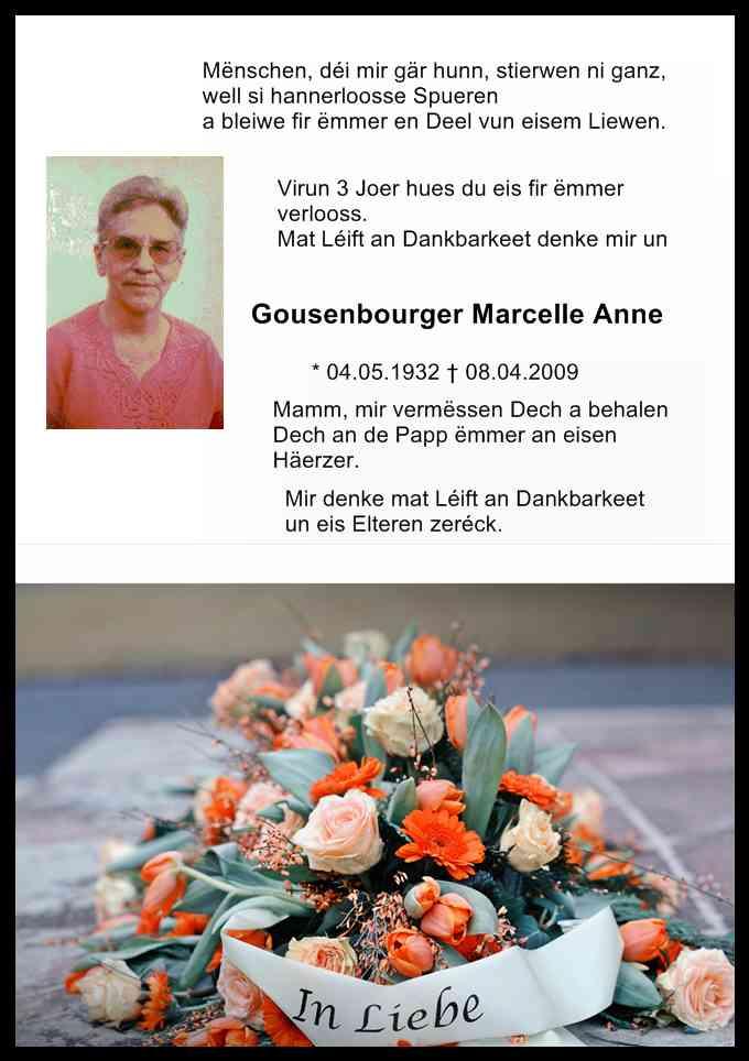 Gousenbourger Marcelle Anne Mir denke mat Léift an Dankbarkeet un eis Elteren zeréck.