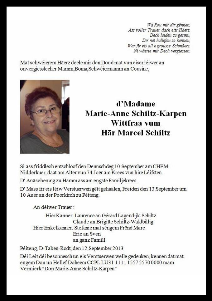 d’Madame  Marie-Anne Schiltz-Karpen 